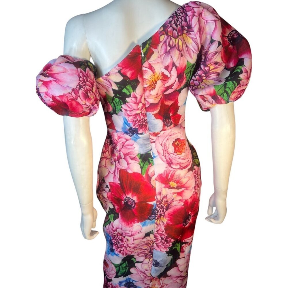 ASOS asymmetrical puff sleeve floral neoprene dress exaggerated hips sz 6 - Picture 6 of 10